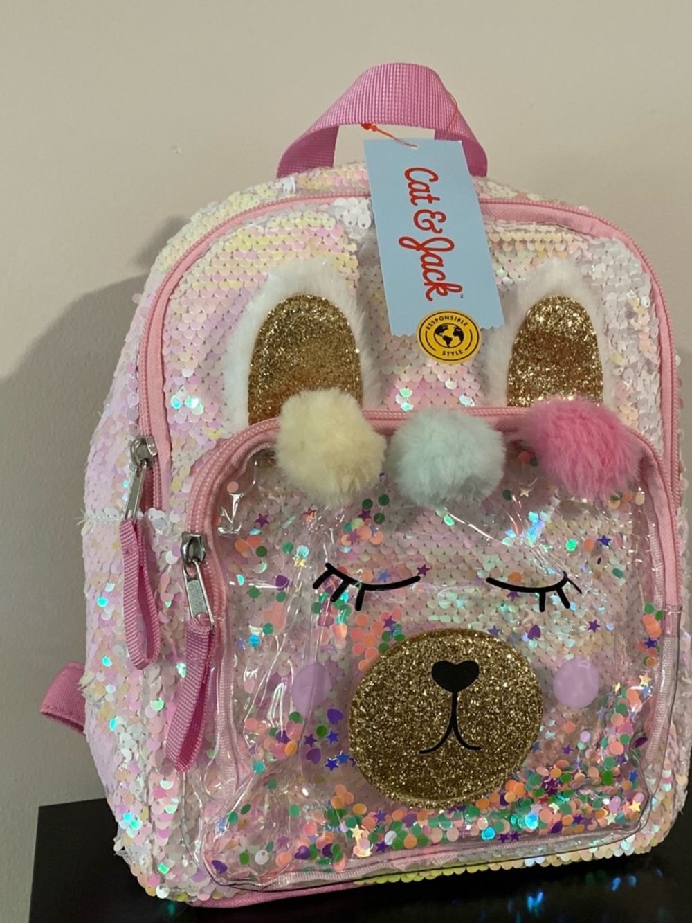 Cat & Jack Pink Sequin Bear Mini Backpack with Pom Ears